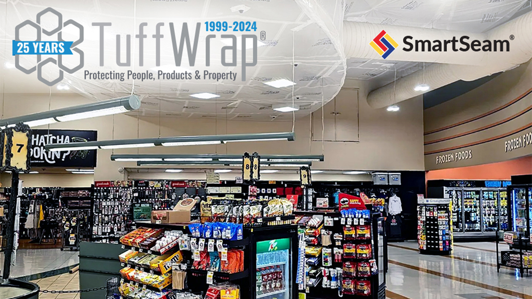 TuffWrap Celebrating 25 Years of Protecting People, Products, and Property. Photo shows SmartSeam suspended cover installed in a market.